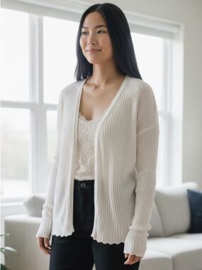 Coolwear Vintage Knit Cardigan Ribbed Open Front Tie Closure Cream Cottagecore